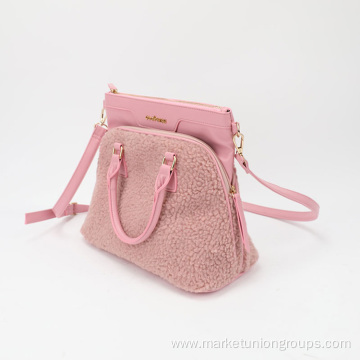 Pink Wool Winter Lambs Sherpa PU Multifunctional Shoulder Handbag Lady Tote Bag Set